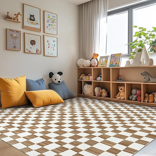 jinchan 8x10 Brown Checkered Area Rugs for Kids Room - Machine Washable Rug Modern Neutral Geometric Lattice Soft Non-Slip Carpet for Nursery Playroom Living Room Bedroom Dining Room Home Office