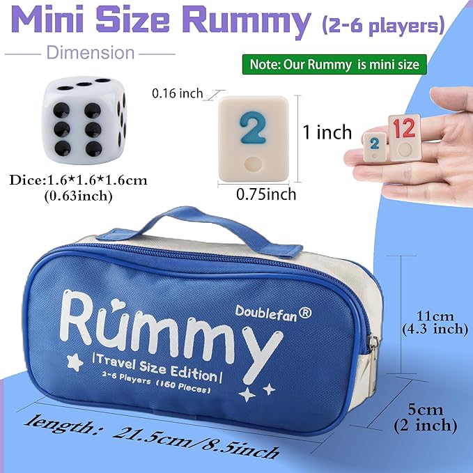 Doublefan Mini Rummy Cube Game, Mini Size Rummy Set with Portable Canvas Bag, Small Travel Board Game for Adult and Kids,160 Tiles, 6 Playing Rack, 1 Dice (2-6 Players)