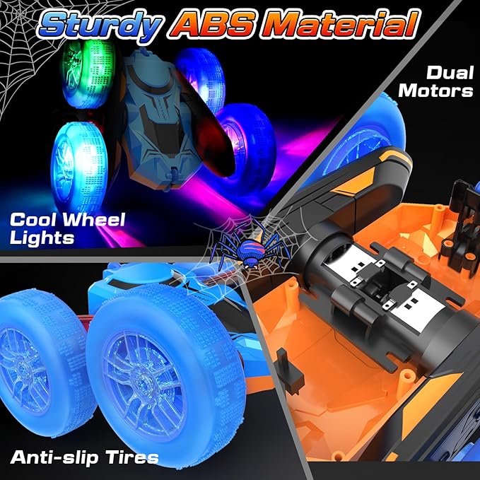 NQD Spider Remote Control Car- Double Sided 360°Rotate Mini RC Stunt Car with Wheel Lights, 4WD Off-Road RC Cars 2.4Ghz Indoor/Outdoor Rechargeable Toy Car for Boys Age 4-7 8-12 Birthday Xmas Gift