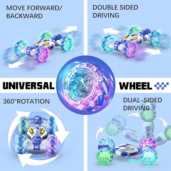 Gesture Sensing RC Stunt Cars - Toys for Boys Girls 6-12 | Best Gifts for Kids 6-12 Years Old | 4WD 360° Rotating Remote Control Transform Car | All-Terrain Off Road Vehicle with Lights Music Blue