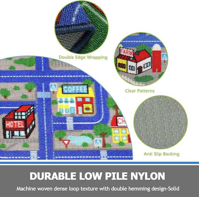Capslpad Blue Car Road Kid Rug Carpet Playmat for Playoom Traffic Road Kids Play Mat for Toddler Non Slip Washable City Map Race Track Carpet Rug for Kids Room Bedroom Nursery Room Decor,4'x4'