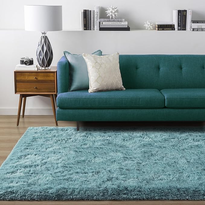 Ompaa Ultra Soft Fluffy Bedroom Rugs Memory Foam Carpet, 5x8 Feet Dark Cyan Area Rugs, Shaggy Living Room Rug Fuzzy Accent Carpets for Kids Girls Rooms, Modern Apartment Dorm Indoor Home Decor