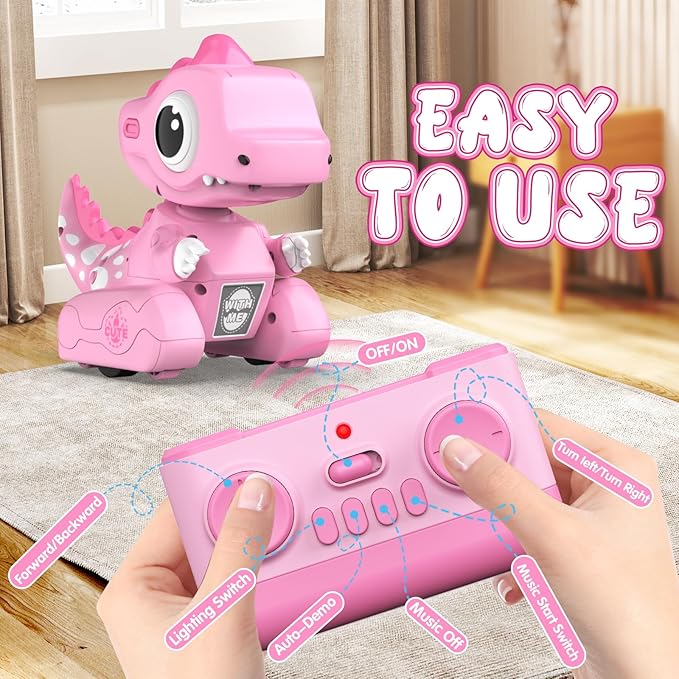 Remote Control Car, 2.4GHZ Remote Control Pink Dinosaur Toys for Kids 3-5, Recording and Repeating LED Lights Eyes Music RC Dinosaur Cars Toys for Girls Boys Birthday Gift