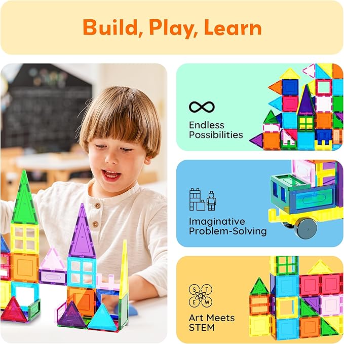 PicassoTiles 101pc Magnetic Tile Building Blocks with Car Base Drawstring Carry Toy Storage Bag Magnetized Block for Kids Magnet ToySet Educational STEM Learning Child Brain Development Ages 3+ PC101