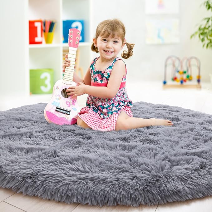 junovo Round Rug 4x4 Feet Fluffy Soft Area Rugs for Kids Girls Room Princess Castle Plush Shaggy Carpet Cute Circle Nursery Rug for Kids Girls Bedroom Baby Room Home Decor Circular Carpet, Grey