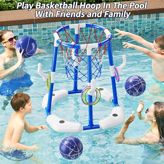 2 in 1 Pool Basketball Hoop Game for Kids Ages 3 4 5 6 7 Year Old, Floating Pool Toys with 4 Balls, Tossing Game, Summer Outdoor Swimming Water Play, Cool Party Gifts for Kids Adults Age 3-12