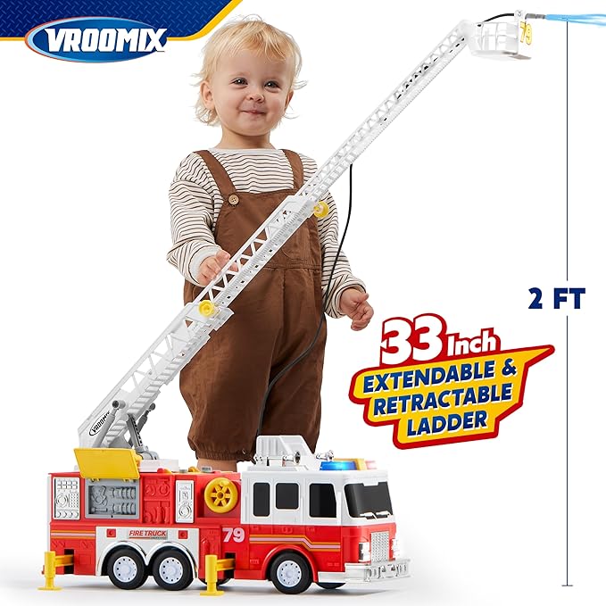 JOYIN Extra Large Fire Truck Toys for Boys Girls with 33-inch Ladder, Lights, Realistic Sirens & Button, Big Firetruck Engine for Toddlers 3+, Christmas Birthday Gift