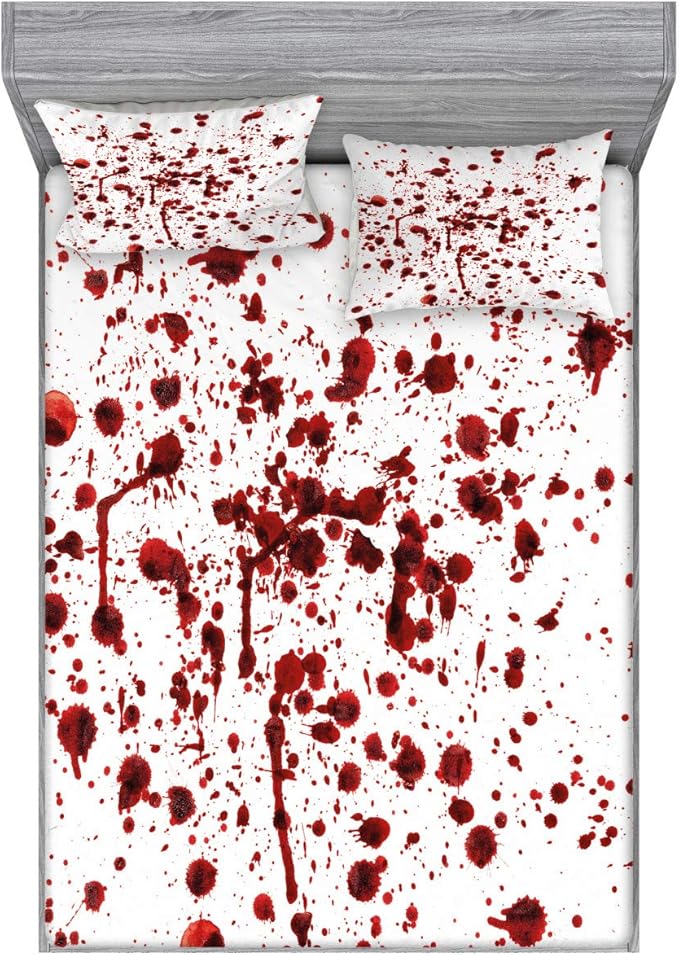 Ambesonne Horror Fitted Sheet & Pillow Sham Set Splashes of Blood Scary Zombie Halloween Movie Lover Print Decorative Printed 3 Piece Bedding Set Bed Cover for Guest Bedroom Queen, Scarlet White