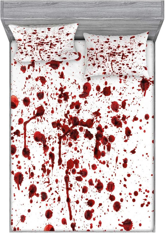Ambesonne Horror Fitted Sheet & Pillow Sham Set Splashes of Blood Scary Zombie Halloween Movie Lover Print Decorative Printed 3 Piece Bedding Set Bed Cover for Guest Bedroom Queen, Scarlet White