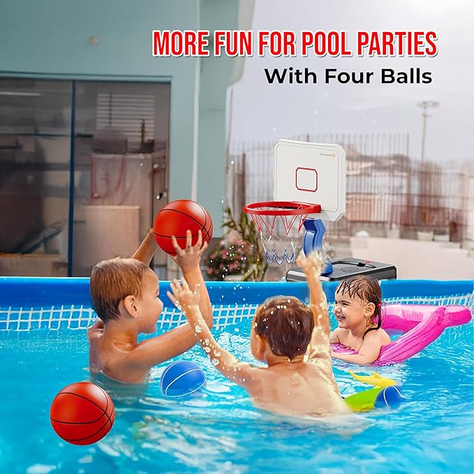 Toddler Kids Basketball Hoop, Height-Adjustable Indoor & Outdoor Portable Basketball Goal for Swimming Pool & Poolside Play, Playset for Boys & Girls with 4 Balls, 1 Gym Bag, 1 Pump, Blue