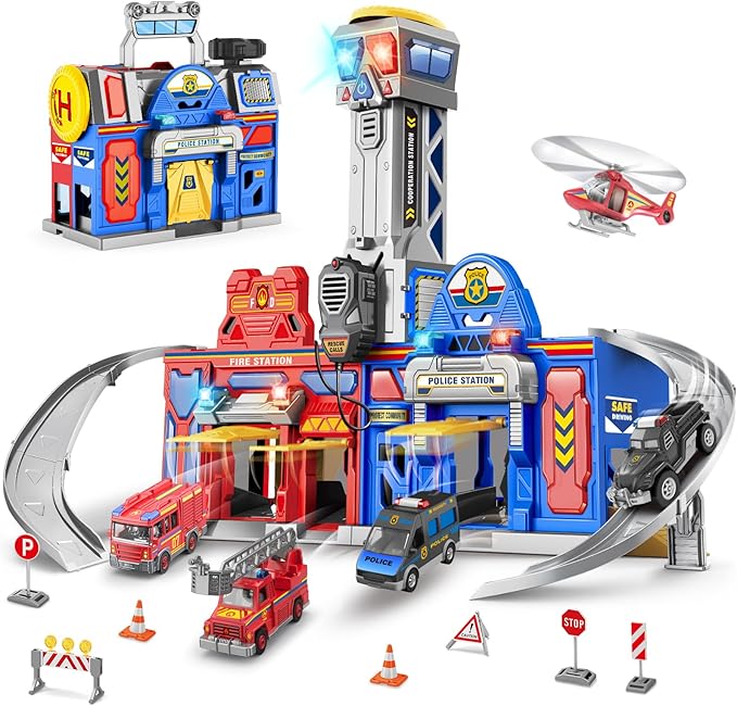 Ochido Boys Toys for 3 4 5 6 Years Old,Large City Action Playset Kit with Lights Sounds,Walkie-Talkie,Foldable Police & Fire Station Transform Track Toy with 4 Cars,Helicopter,7 Accessories