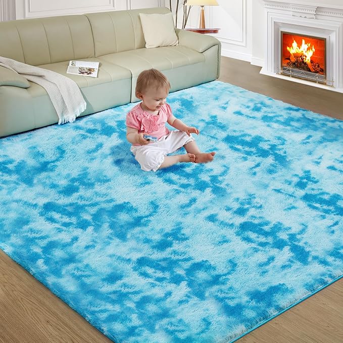 Ultra Soft Rug for Living Room, 4X5.8 Fluffy Shag Area Rug for Bedroom, Modern Shaggy Carpets Fuzzy Rug for Teens Dorm Nursery Home Decor Aesthetic, Upgrade Anti-Skid Durable, Tie-Dyed Blue