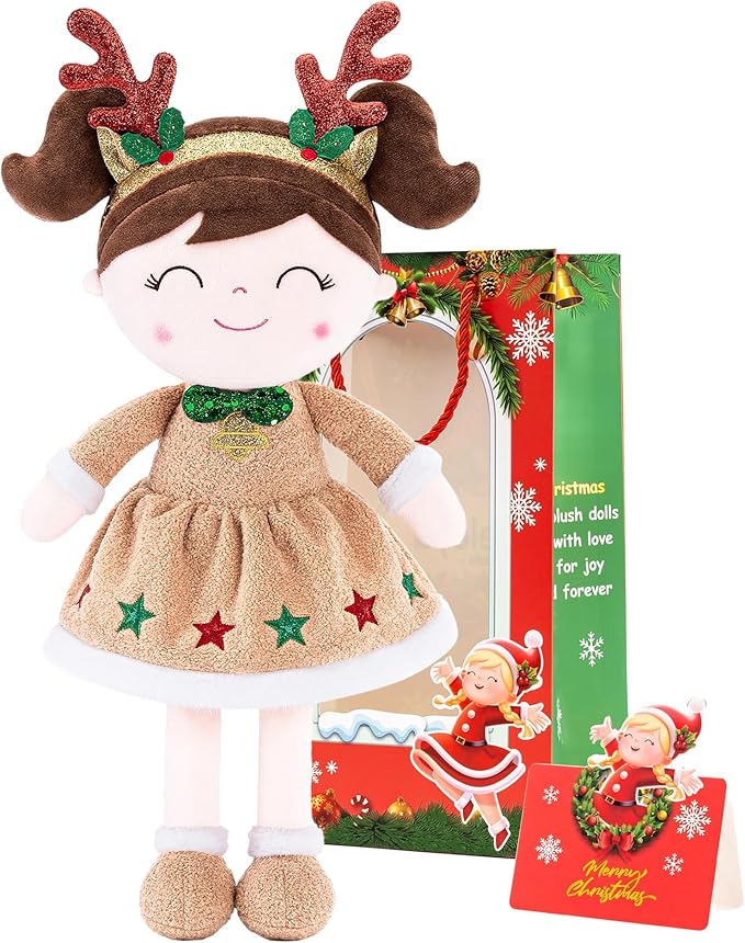 Gloveleya Christmas Reindeer Girl Doll – Soft Plush Doll with Gift Box and Card, for Girls 2-8 Ages, 16-inch