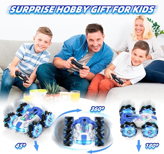 Remote Control Car Drift Stunt Car, 4WD 2.4 GHz Double-Sided 360° Rotating RC Stunt Crawler with LED Lights, Music, and Spray, RC Stunt Cars Toys for Ages4-6 5-7 8-13 Ideal Gift for Boys & Girls