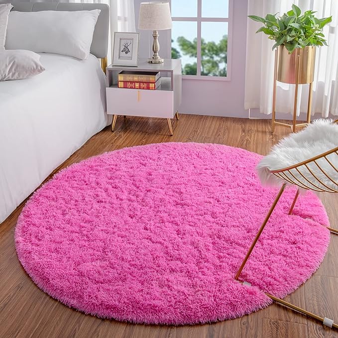 LOCHAS Luxury Round Fluffy Area Rugs for Bedroom Kids Girls Room Nursery, Super Soft Circle Rug, Cute Shaggy Carpet for Children Living Room, 4x4 Feet Hot Pink