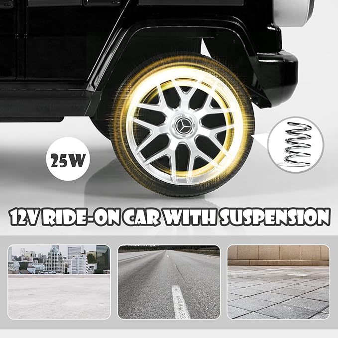 OLAKIDS 12V Kids Ride On Car, Licensed Mercedes Benz G63 Electric Vehicle with Remote Control, Double Open Doors, Music, Bluetooth, 2 Speeds, Wheels Suspension, Battery Powered Driving Toy (Black)