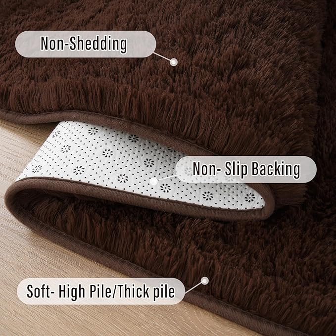 Amearea Shag Fluffy Runner Rug for Bedroom Girls Living Room, 2x6 Feet Extra Soft and Fuzzy Shaggy Rugs, Non Slip, Indoor Floor Long Carpet Mat for Boys Nursery Home Decor, Brown