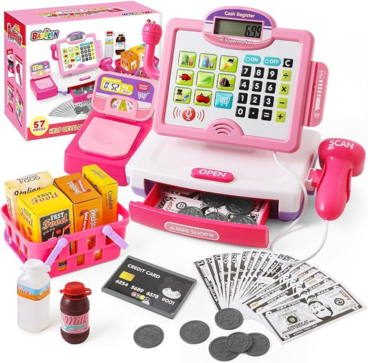 Play Calculator Cash Register Toy Gift for Kids Girls Age 3, 4, 5, 6, 7, 8+ Year Old, 57 Pcs Pink Pretend Grocery Store Playset, Incl Microphone, Credit Card, Scanner, Fake Food, Play Money for Kids