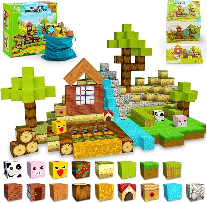 PLANEKO Magnetic Blocks Building Toys 1" Magnet Blocks Farm Magnetic Toys for Kids 4-8 STEM Sensory Montessori Toys for Toddlers Boys Girls Ages 3 4 5 6 7 8 9