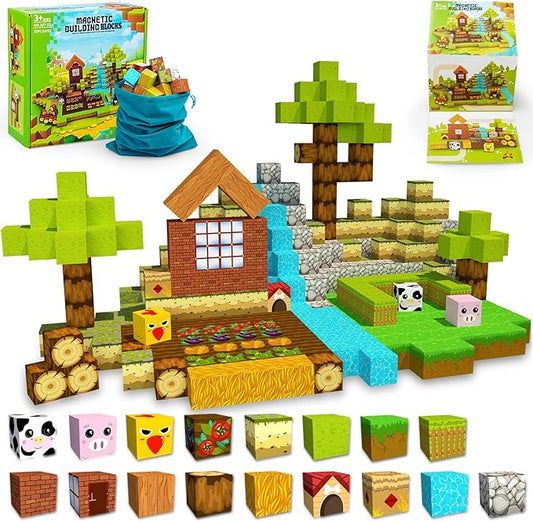 PLANEKO Magnetic Blocks Building Toys 1" Magnet Blocks Farm Magnetic Toys for Kids 4-8 STEM Sensory Montessori Toys for Toddlers Boys Girls Ages 3 4 5 6 7 8 9