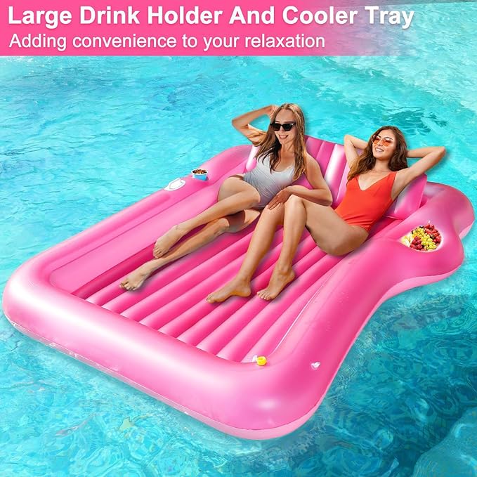 Inflatable Tanning Pool Lounger Float with Sprinkler, 83" x 63" Extra Large Pool Floats Adult with Pillow Cooler Tray, 6 in 1 Suntan Tub Raft Floatie Sunbathing Bed Water Summer Backyard Fun XL-Pink