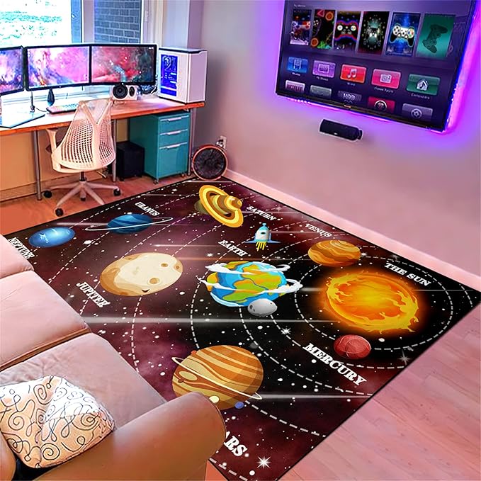 Galaxy Area Rugs Universe Solar System Planet Theme Small Carpets Space Rugs for Kids Bedroom Educational Learning Rug for Living Room Bedroom Indoor Crystal Polyester Floor Sofa Mats, 2'5''×4'