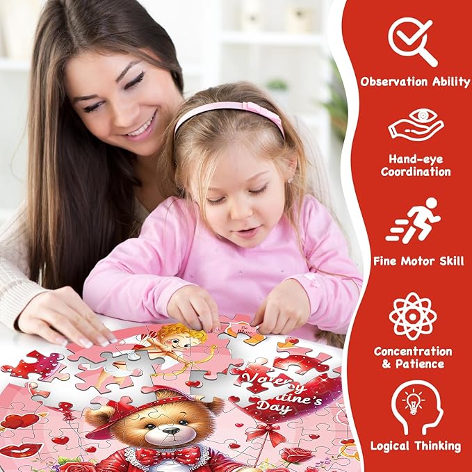 Valentines Floor Puzzles for Kids Age 4-8, Valentiens Day Gifts for Kids Classroom Exchange Gifts Love Bear and Balloons Large Jigsaw Puzzles Educational Learning Toys