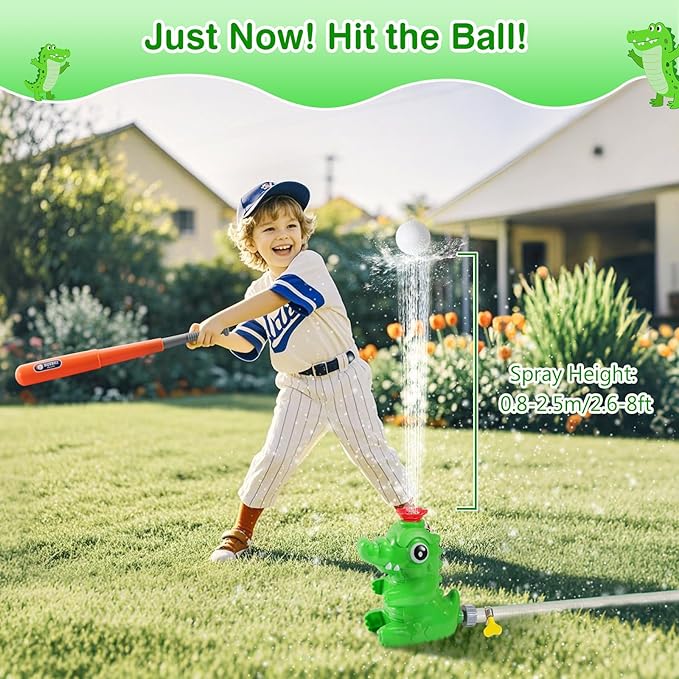 MoKo Water Sprinkler Baseball Toy for Kids Outdoor Play, 2 in 1 Baseball Water Games, 360° Rotatable Yard Sprayer Sprinkler, Toddler Outdoor Toys for Backyard Garden Lawn Pool, Green Crocodile