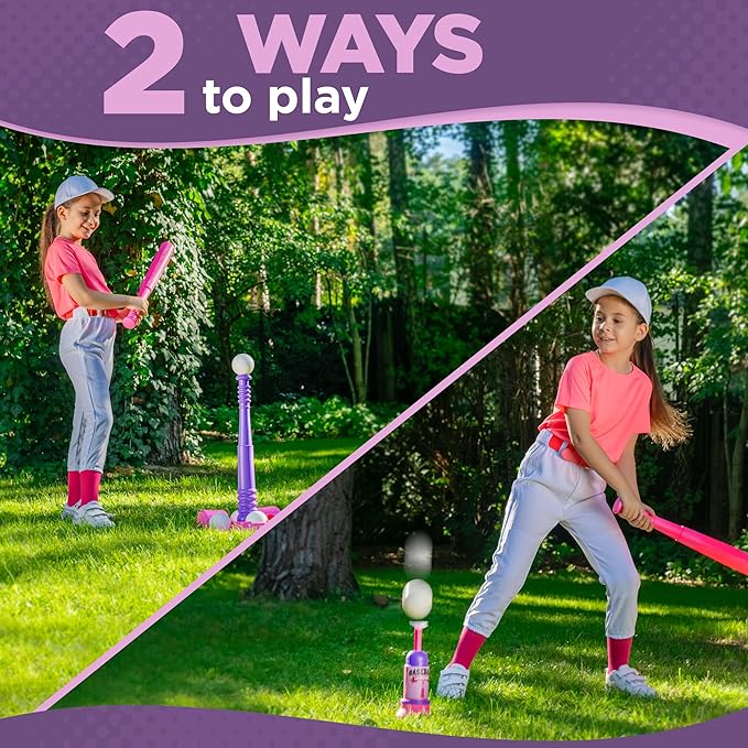 T Ball Stand for Kids and Toddlers 1-3, 3-5, 5-8. Baseball Set Includes 6 Large Balls, an Adjustable Tball Batting Tee, and a Pitching Machine. Kids Bat and T-Ball Set