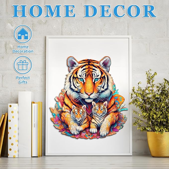 Wooden Puzzles for Adults, Tiger Family (M-190pcs) Wooden Jigsaw Puzzles Kids, 11.2 * 11.8in Unique Shaped Animal Wood Puzzles Adults, Fathers Birthday Family Games