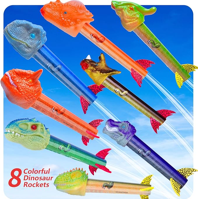 Dinosaur Rocket Launcher for Kids - Launch Up to 100 Ft, 8 Rockets and 2 Pads for Multi-Player, Dinosaur Toys, Birthday Gift Ideas, Toys for 3 4 5 6 7 Year Old Boys, Outdoor Outside Toys