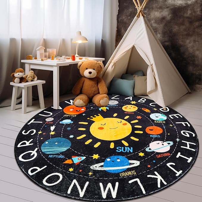 Round ABC Kids Rug,5.2 Ft Soft Circle Alphabet Playroom Rug,Washable Non-Slip Solar System Kids Play Rug,Space Educational Rug Kids Carpet for Classroom Playroom Bedroom Kids Room Decor