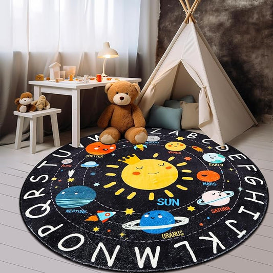 Round ABC Kids Rug,5.2 Ft Soft Circle Alphabet Playroom Rug,Washable Non-Slip Solar System Kids Play Rug,Space Educational Rug Kids Carpet for Classroom Playroom Bedroom Kids Room Decor