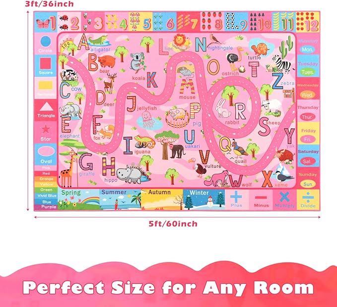 Terrug Kids Rug for Playroom, Educational Classroom Rug for Kids Room, Washable Nursery Rugs Non Slip Playroom Rugs Play Mat for Learning ABC Carpet, Numbers, Animal, Colors, Season, 3X5 Feet, Pink