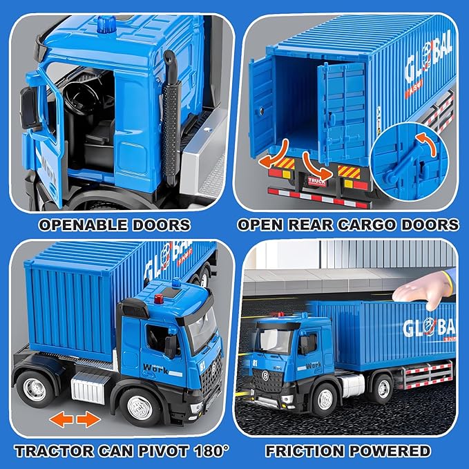 Semi Truck Toy with Metal Cab, Large Tractor Trailer Truck with Lights and Sounds, Friction Powered Cargo Transporter for Kids, Birthday Gift for Toddlers Boys 16.5"