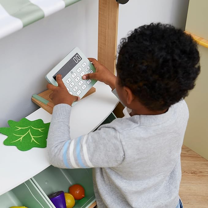 Teamson Kids Little Helper Wooden Farmer's Market Stand with Pretend Cash Register and 6 Plastic Storage Bins, Green, TD-13638A-AMZ