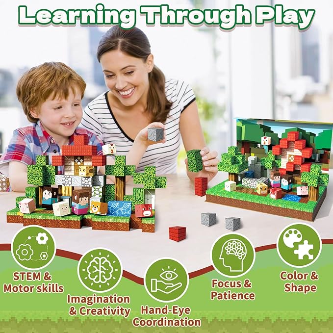 Magnetic Blocks 100PCS Magnetic Building Cubes with Multi-Functional Magnet Box Travel Set STEM Sensory Construction Toys for Boys & Girls Ages 3-5 5-7 8-12 Birthday Gifts (Forestry Farm)