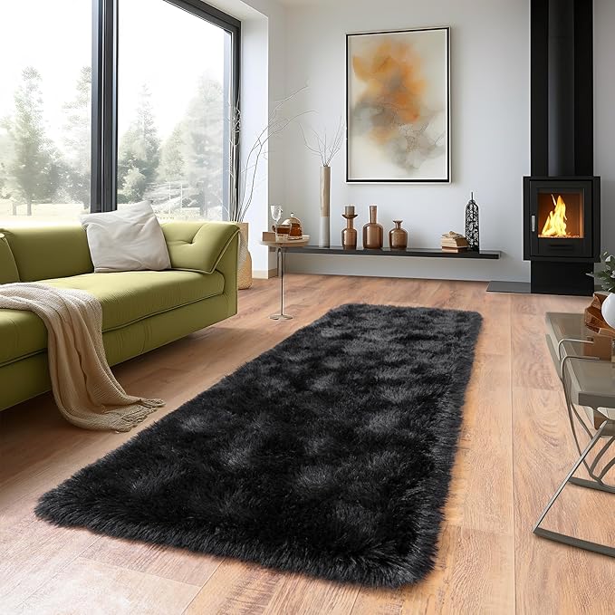 Super Fluffy Runner Rug for Bedroom, Modern Shag Black Area Rugs, Soft and Cozy Plush Small Carpet for Kids,Girls Boys and Teens Decorations for Living Room Dorm Nursery Classroom, 2x6 Feet