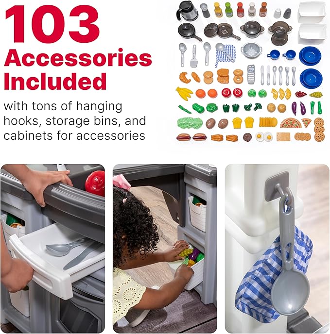 Step2 Grand Walk-in Kitchen & Grill Kids Playset, Indoor/Outdoor Kitchenette, Interactive Play with Lights and Sounds, Durable Plastic, 103 Piece Toy Accessories, Toddlers 2+ Years Old, Gray/White
