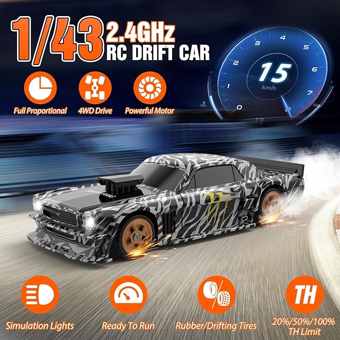 RC Drift Car, 1/43 Mini RC Drift Car with Gyroscope, 2.4GHz Full Proportional Remote Control Cars, 4WD High Speed Racing with Lights, Racing Tires, Model Cars Gift for Adults, Kids, Boys, Girls