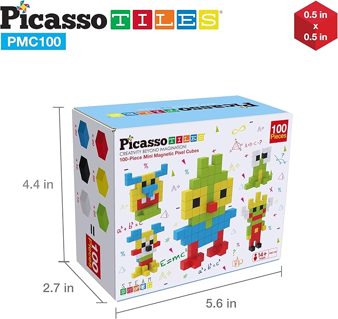 PicassoTiles 0.5” Pixel Magnetic Puzzle Cube 100 Piece Mix & Match Cubes Sensory Toys STEAM Education Learning Building Block Magnets Children Construction Toy Set Stacking Magnet Creative Kit PMC100