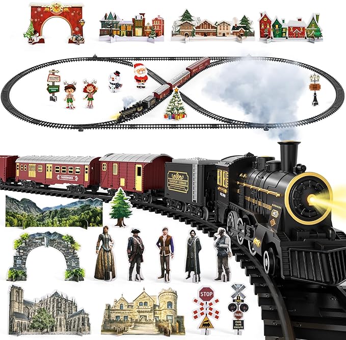 TEMI Train Set for Kids 3-12 Years, Electric Classical Steam Engine Locomotive with Steam, Light and Sounds, Rechargeable Model Trains Kit Toys w/Passenger Carriage for Boys and Girls