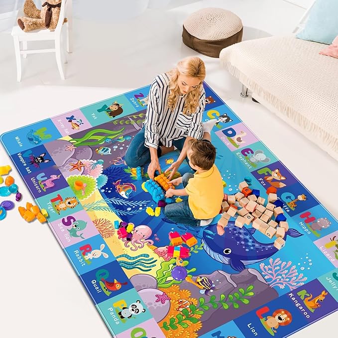 Kids Play Area Rug, Animal Print Baby Floor Mat, Educational ABC Rug - Soft, Non-Toxic, Blue, 47.2"X31.5"