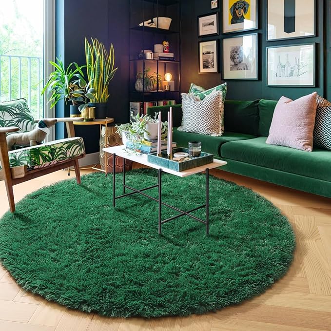 Amdrebio Dark Green Round Rug 4Ft for Bedroom, Fluffy Fuzzy Circle Area Rugs for Living Room Decor, Shaggy Emerald Green Rugs for Kids, Teen Boys, Baby Nursery, Furry Plush Floor Carpet for Classroom