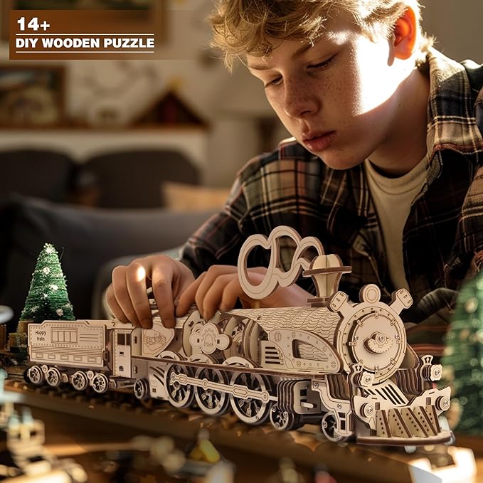 Fuiltee 3D Wooden Puzzles for Adults, DIY Mechanical Train Model Kit, Movable Model Train, Removable Carriages, Unique Gift for 14+ Teens and Adults (279Pcs)