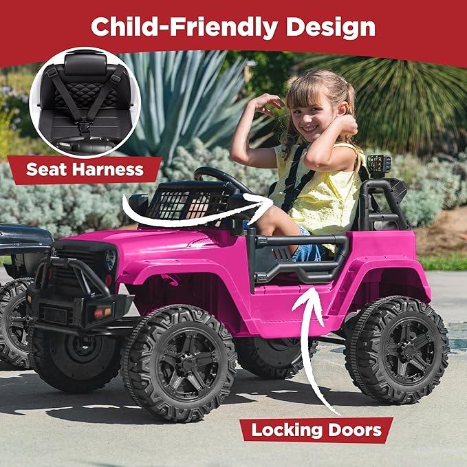 Best Choice Products 12V Kids Ride On Truck Car w/Parent Remote Control, Spring Suspension, LED Lights, AUX Port - Hot Pink