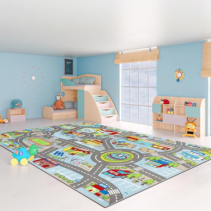 Kids Rug 6'6" x 9'8" City Life Playmat Area Rug Car City Map Washable Traffic Road Educational Learning Nursery Rug Carpet for Children Playroom Living Room Bedroom Classroom Decor Blue