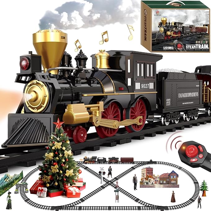 Train Set for Kids Remote Control Train Toys w/Steam Locomotive,Passenger Carriage & Luxury Tracks, Electric Trains w/Realistic Smoke,Sounds & Lights, Christmas Birthday Gift for Boys Girls 3 4 5 6 7
