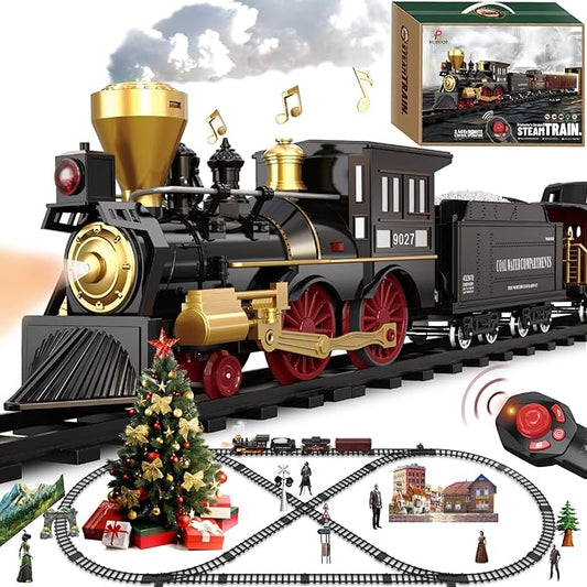 Train Set for Kids Remote Control Train Toys w/Steam Locomotive,Passenger Carriage & Luxury Tracks, Electric Trains w/Realistic Smoke,Sounds & Lights, Christmas Birthday Gift for Boys Girls 3 4 5 6 7