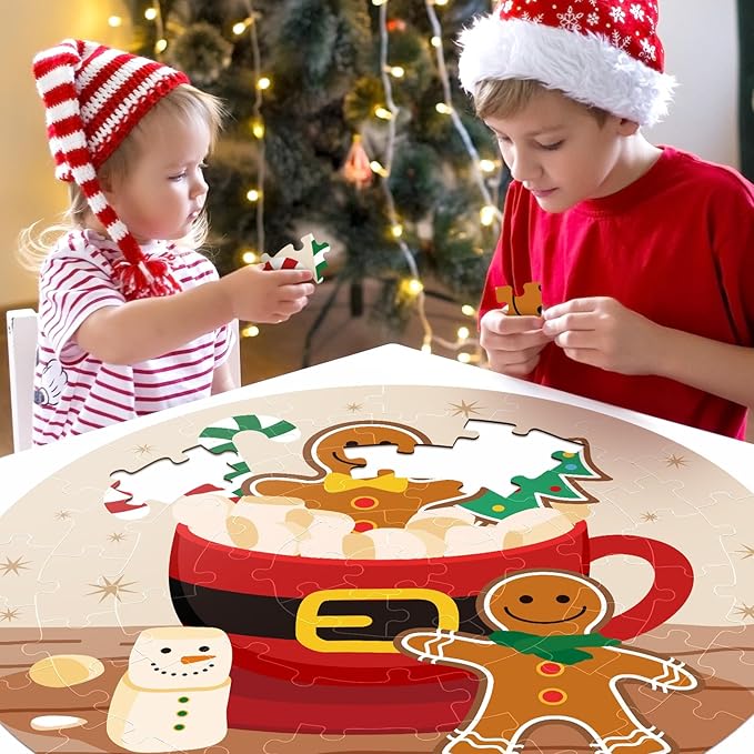 CiyvoLyeen Christmas Floor Puzzles for Kids Ages 3 4 5 6 7 8 Jigsaw Puzzles Penguin and Gingerbread Man Double Sided Large Round Puzzle Gifts Presents for Kids Children Toddler 22" 70 Pieces